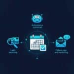 Futuristic SaaS illustration of an autonomous AI agent automating LinkedIn outreach, with connected modules for lead sourcing, follow-up messaging, and booking calls.