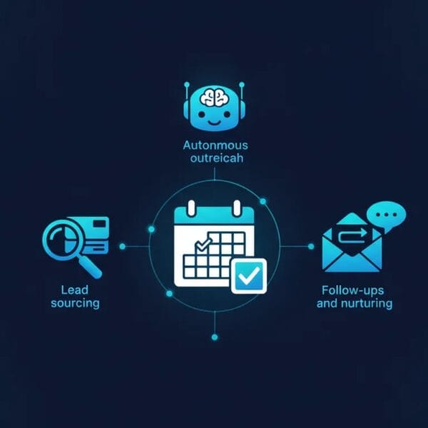 Futuristic SaaS illustration of an autonomous AI agent automating LinkedIn outreach, with connected modules for lead sourcing, follow-up messaging, and booking calls.