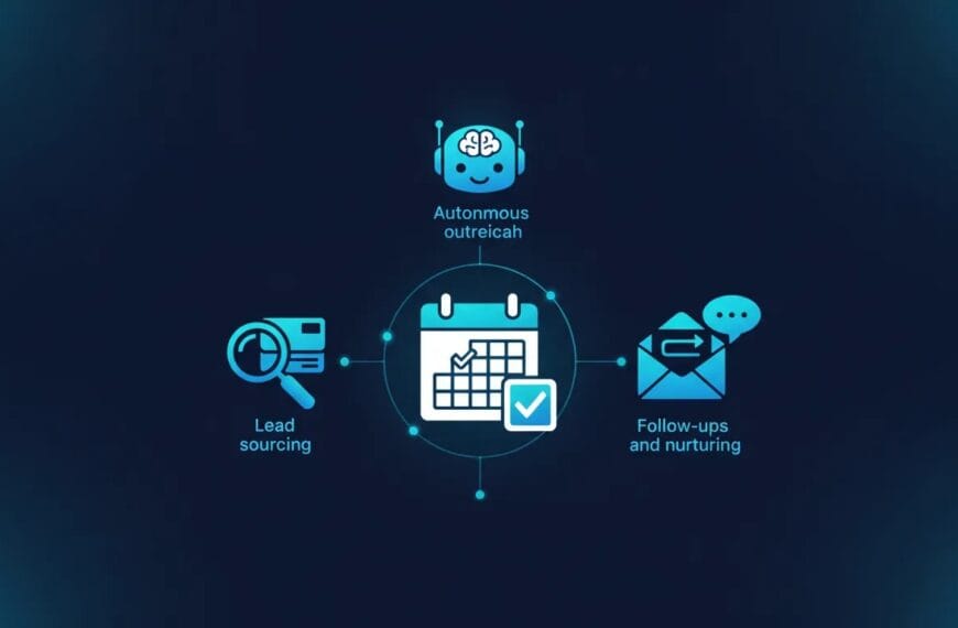 Futuristic SaaS illustration of an autonomous AI agent automating LinkedIn outreach, with connected modules for lead sourcing, follow-up messaging, and booking calls.