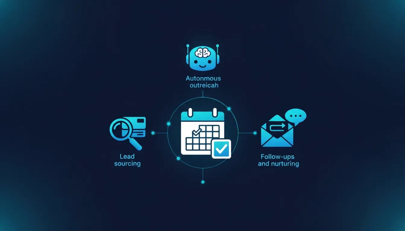 Futuristic SaaS illustration of an autonomous AI agent automating LinkedIn outreach, with connected modules for lead sourcing, follow-up messaging, and booking calls.