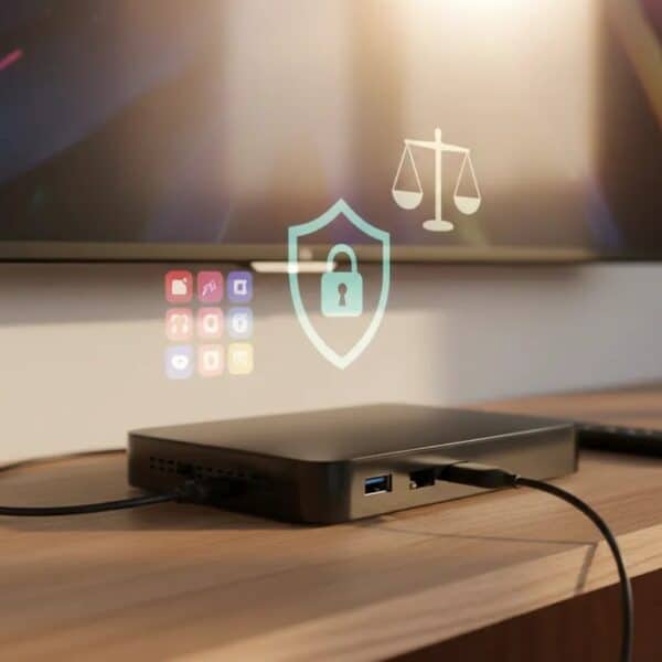 SuperBOX-style Android streaming box with remote, HDMI and Ethernet cables, and translucent shield and scales icons representing privacy and legal risks
