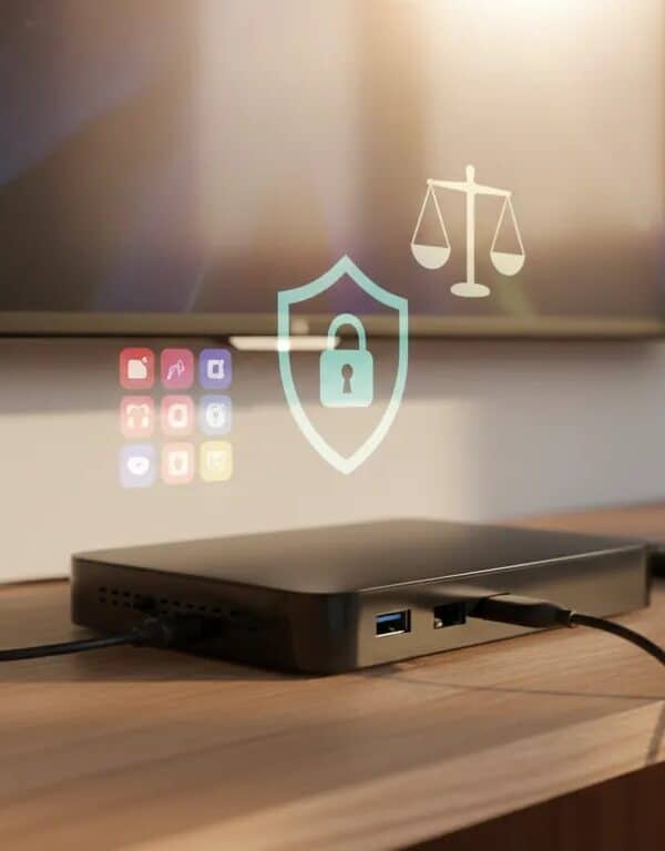 SuperBOX-style Android streaming box with remote, HDMI and Ethernet cables, and translucent shield and scales icons representing privacy and legal risks