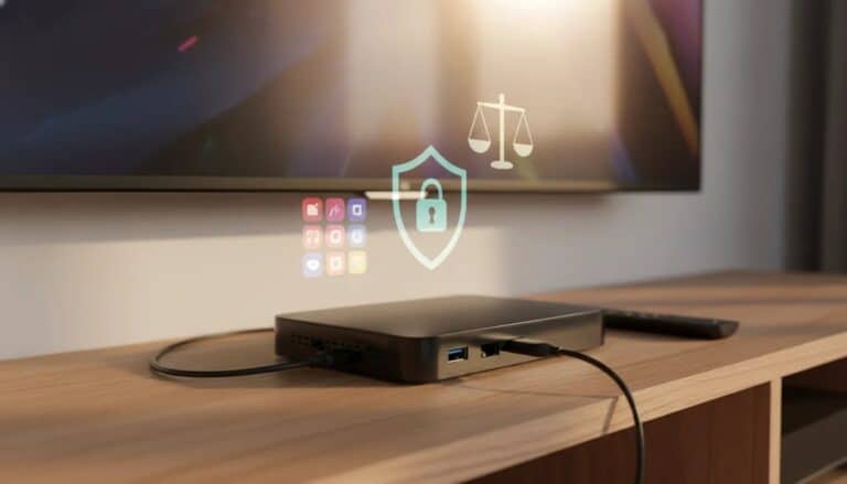 SuperBOX-style Android streaming box with remote, HDMI and Ethernet cables, and translucent shield and scales icons representing privacy and legal risks
