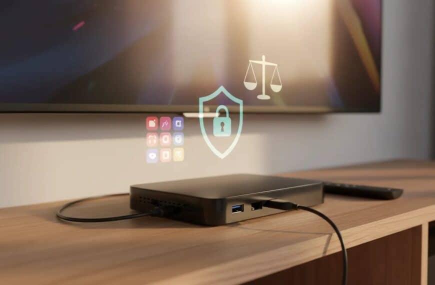 SuperBOX-style Android streaming box with remote, HDMI and Ethernet cables, and translucent shield and scales icons representing privacy and legal risks