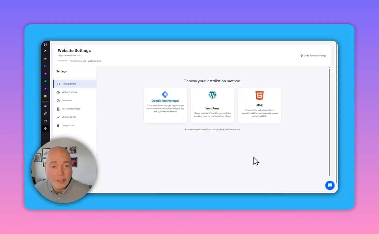 Website Settings page showing Tracking Pixel installation options (Google Tag Manager, WordPress, HTML) with minimal presenter overlay.
