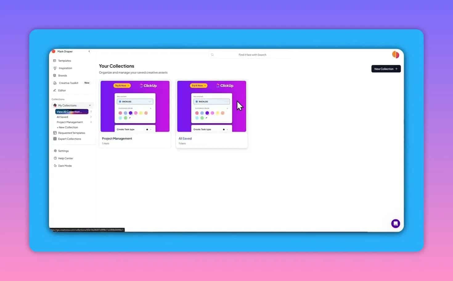 Creative OS 'Your Collections' page showing two collection cards (Project Management and All Saved) with left navigation