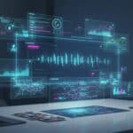 Holographic AI motion graphics workspace with animated infographic and map-inspired visual layers, rendered in a cinematic neon style with no text.