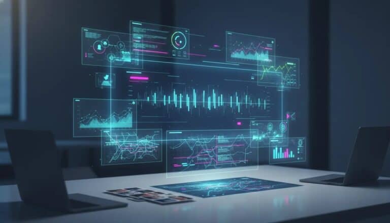 Holographic AI motion graphics workspace with animated infographic and map-inspired visual layers, rendered in a cinematic neon style with no text.