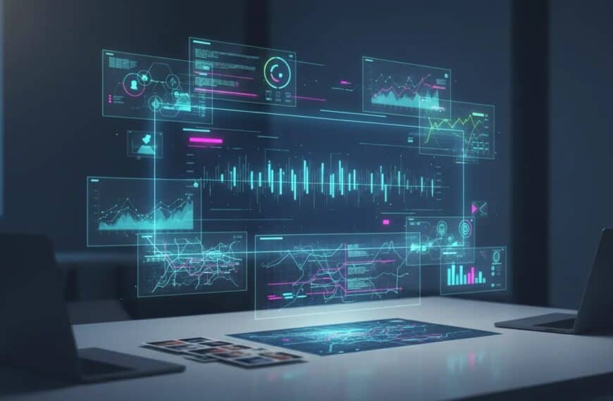 Holographic AI motion graphics workspace with animated infographic and map-inspired visual layers, rendered in a cinematic neon style with no text.