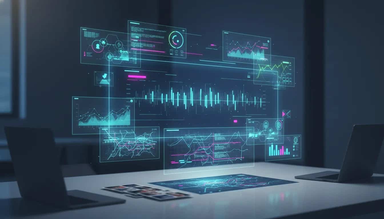 Holographic AI motion graphics workspace with animated infographic and map-inspired visual layers, rendered in a cinematic neon style with no text.