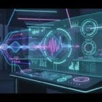 Futuristic studio scene showing an AI music fine-tuning hologram with waveform paths and advanced controls symbols, no text.