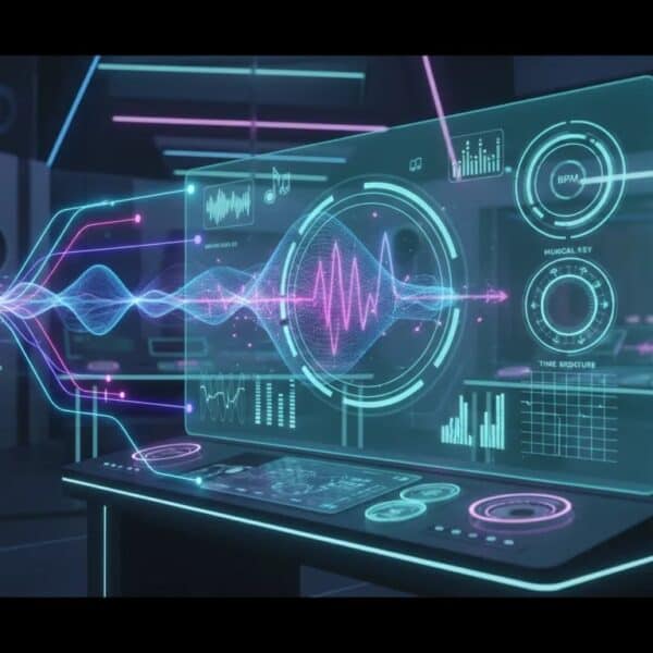 Futuristic studio scene showing an AI music fine-tuning hologram with waveform paths and advanced controls symbols, no text.