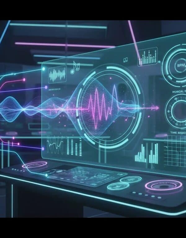 Futuristic studio scene showing an AI music fine-tuning hologram with waveform paths and advanced controls symbols, no text.