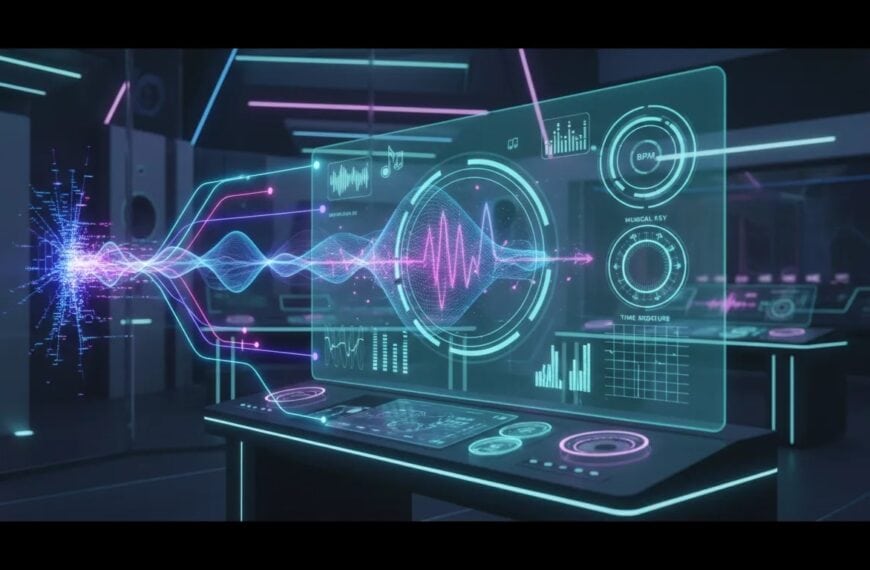 Futuristic studio scene showing an AI music fine-tuning hologram with waveform paths and advanced controls symbols, no text.