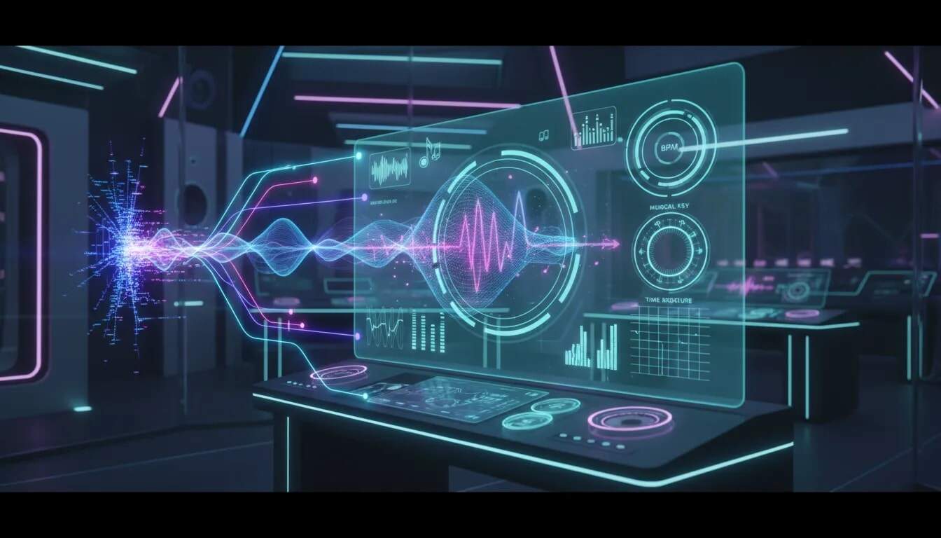 Futuristic studio scene showing an AI music fine-tuning hologram with waveform paths and advanced controls symbols, no text.