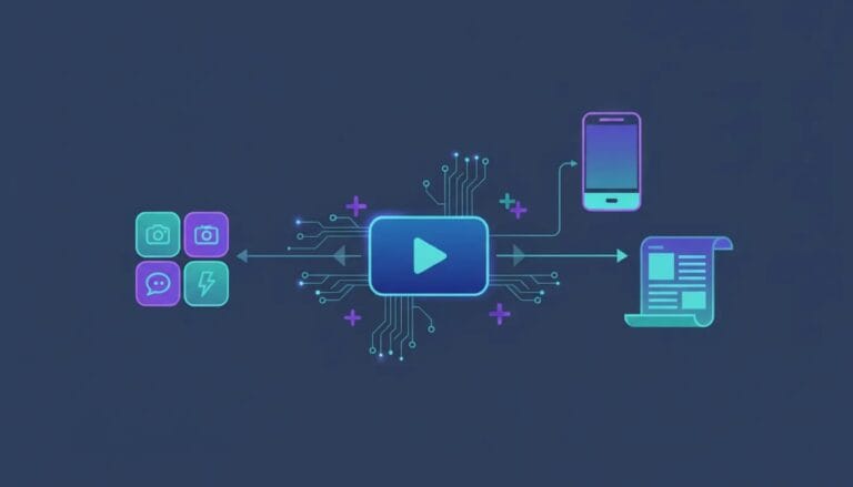 Infographic illustration showing an AI workflow repurposing a central video into shorts, blog, and social post formats with arrows and connected panels.