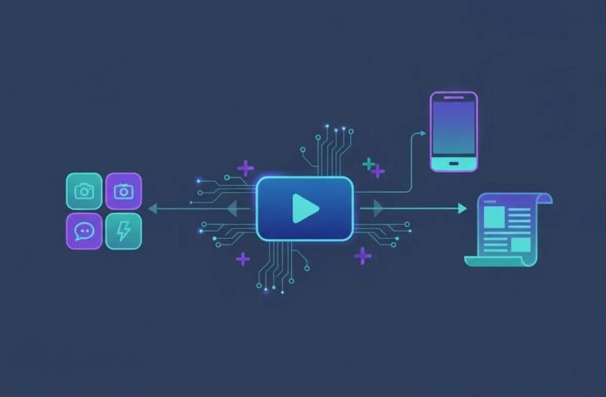 Infographic illustration showing an AI workflow repurposing a central video into shorts, blog, and social post formats with arrows and connected panels.