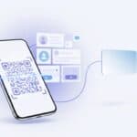 Illustration showing a smartphone with a scannable QR code connected to a digital business card landing page and a mobile wallet card, without any text.