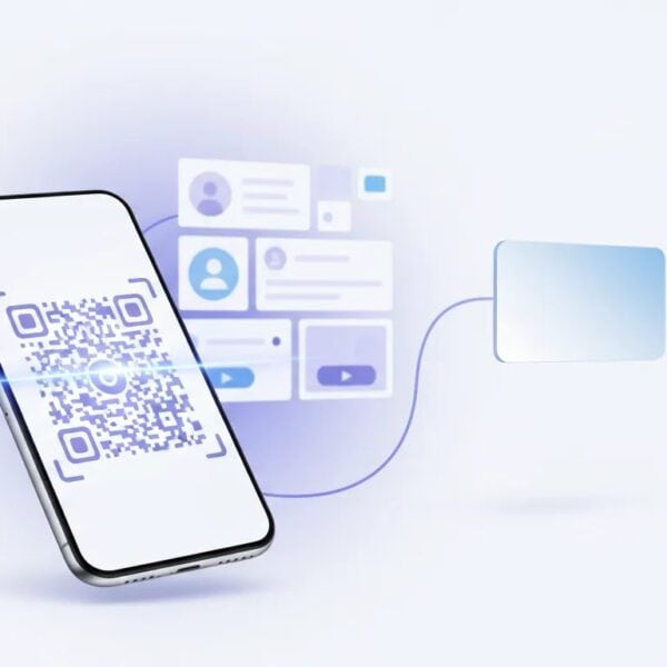 Illustration showing a smartphone with a scannable QR code connected to a digital business card landing page and a mobile wallet card, without any text.