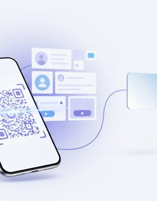 Illustration showing a smartphone with a scannable QR code connected to a digital business card landing page and a mobile wallet card, without any text.