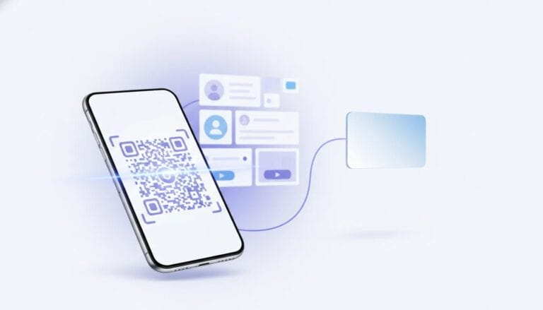 Illustration showing a smartphone with a scannable QR code connected to a digital business card landing page and a mobile wallet card, without any text.