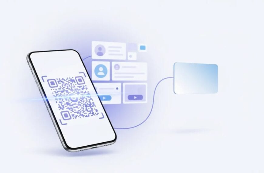 Illustration showing a smartphone with a scannable QR code connected to a digital business card landing page and a mobile wallet card, without any text.