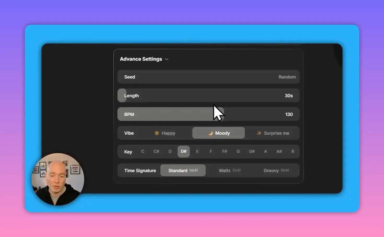 Finetuning AI Advanced Settings close-up focusing on BPM, Vibe, Key, and Time Signature