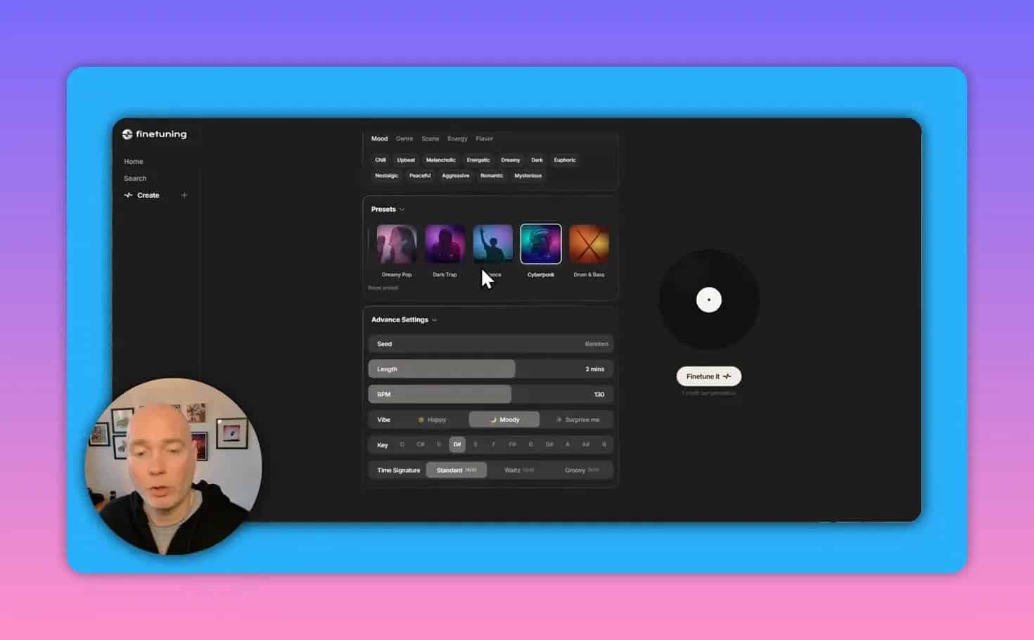 Finetuning AI Advanced Settings panel showing seed, length, BPM, vibe, key, and time signature controls