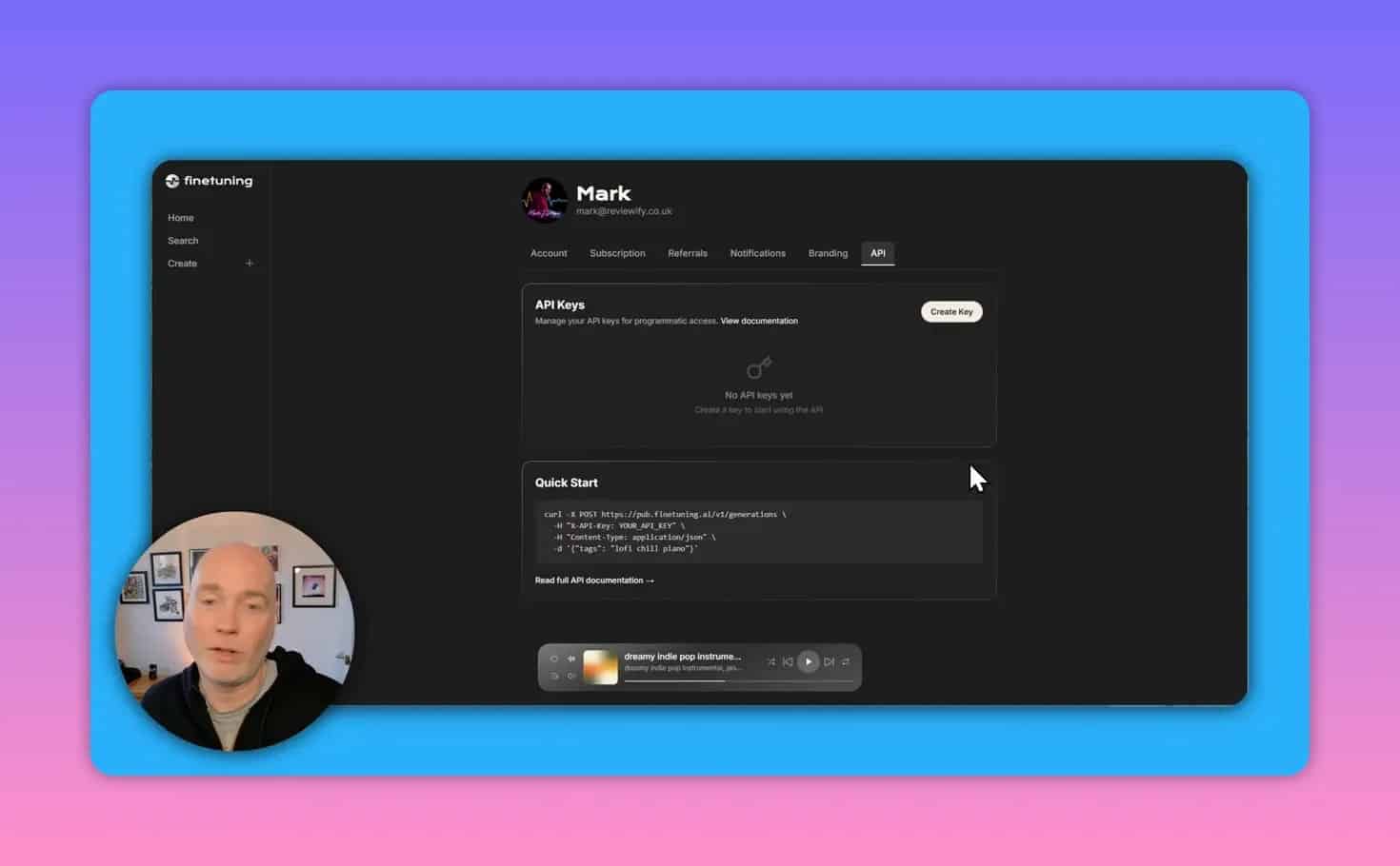 Finetuning AI API Keys page showing create key button and API key setup