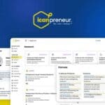Screenshot of the Icanpreneur platform showing user interface sections for Buyer Persona, Research, and Canvas on a blue and yellow background with the Icanpreneur logo.