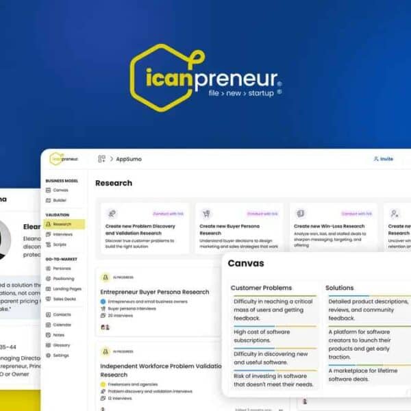 Screenshot of the Icanpreneur platform showing user interface sections for Buyer Persona, Research, and Canvas on a blue and yellow background with the Icanpreneur logo.