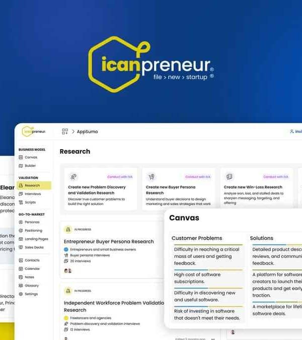 Screenshot of the Icanpreneur platform showing user interface sections for Buyer Persona, Research, and Canvas on a blue and yellow background with the Icanpreneur logo.