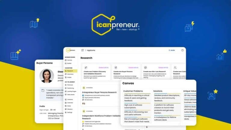 Screenshot of the Icanpreneur platform showing user interface sections for Buyer Persona, Research, and Canvas on a blue and yellow background with the Icanpreneur logo.
