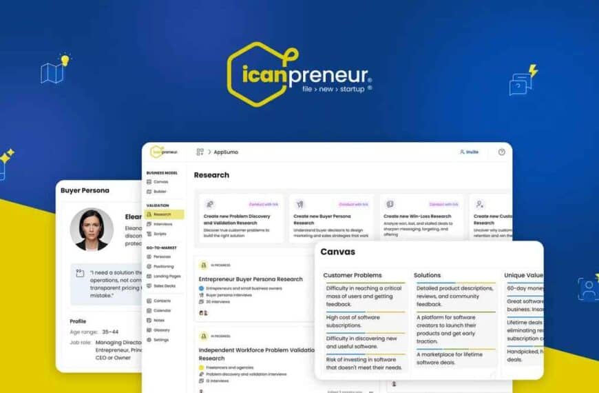 Screenshot of the Icanpreneur platform showing user interface sections for Buyer Persona, Research, and Canvas on a blue and yellow background with the Icanpreneur logo.