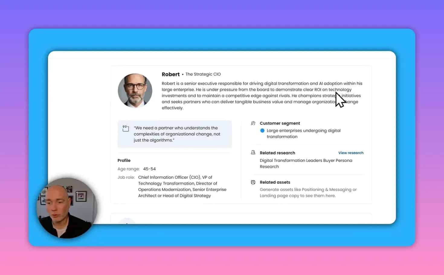 iCanpreneur buyer persona detail view for Robert including customer segment and related research and assets