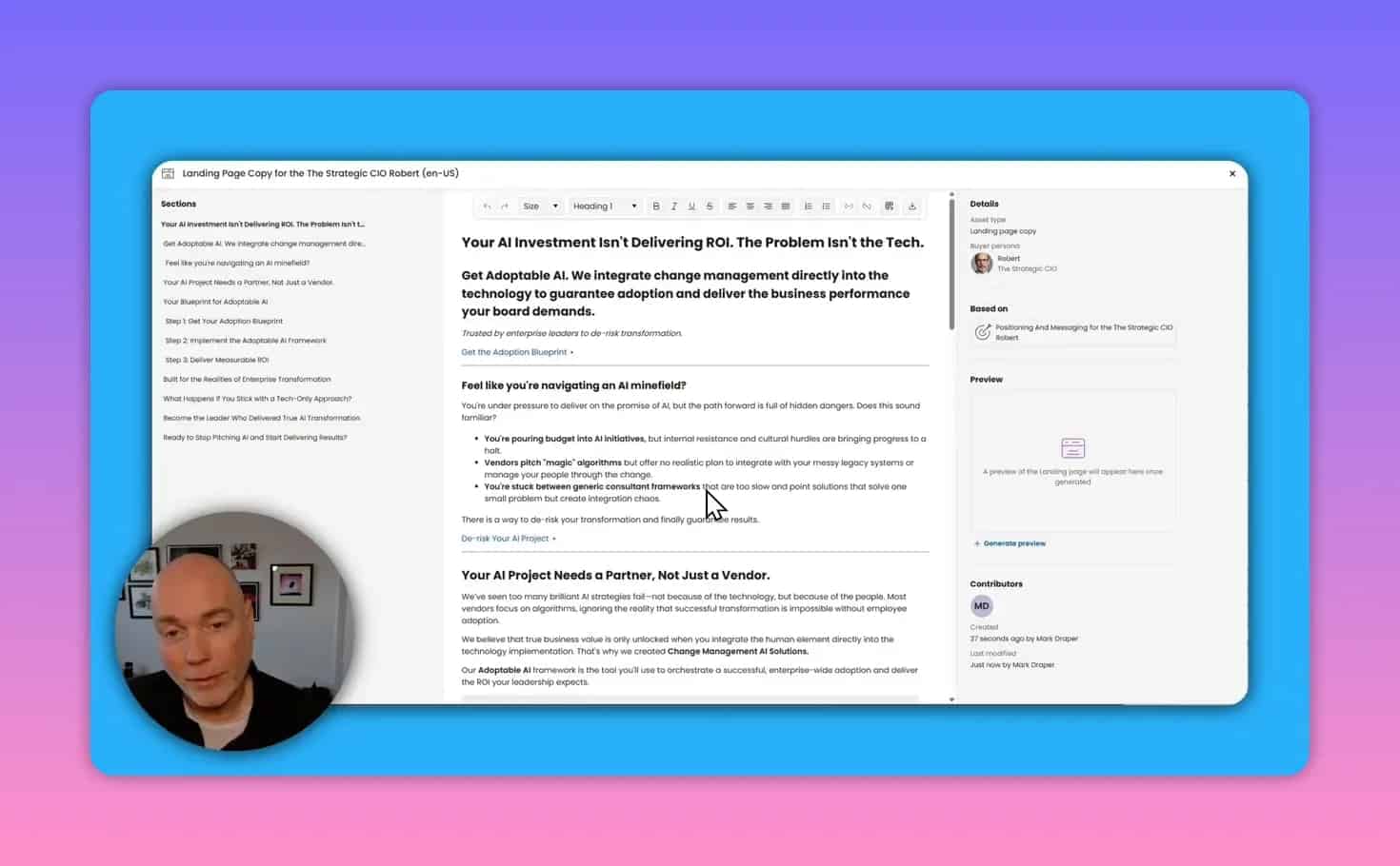 Screenshot of iCanpreneur generating landing page copy with sections, editor content, and right-side details preview