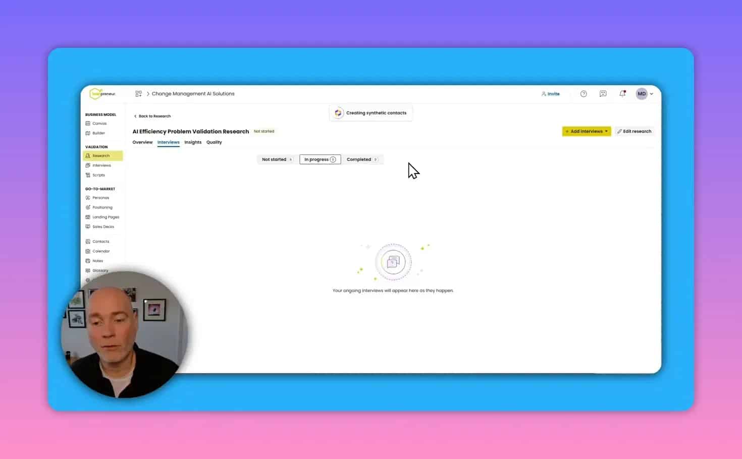 iCanpreneur research workflow showing creating synthetic contacts for synthetic interviews