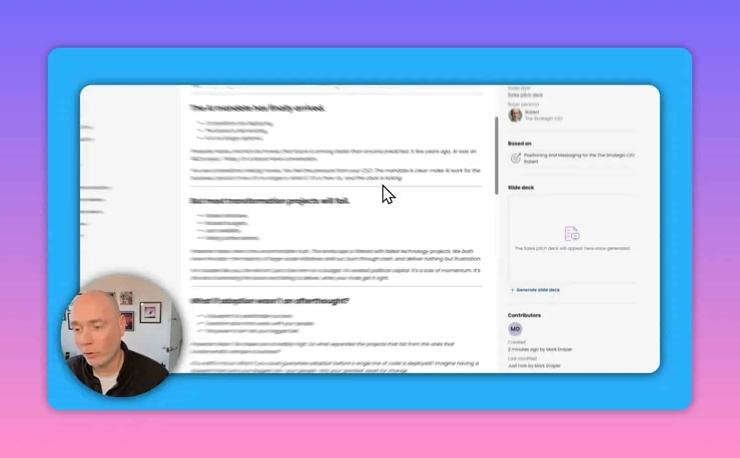 Pitch deck editing view with generated sales deck content on iCanpreneur