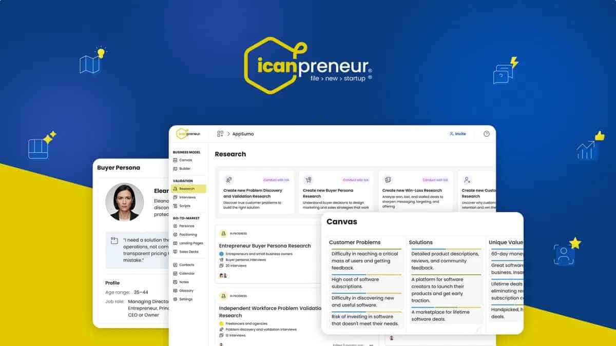 Screenshot of the Icanpreneur platform showing user interface sections for Buyer Persona, Research, and Canvas on a blue and yellow background with the Icanpreneur logo.