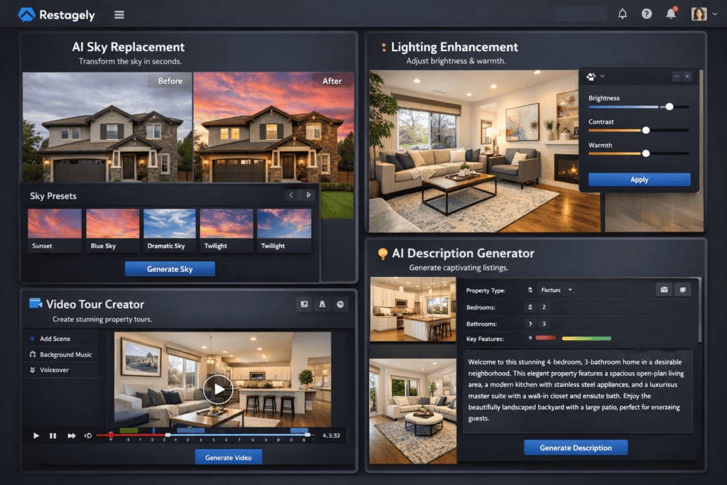 Screenshot of a property software dashboard with AI tools for sky replacement, lighting enhancement, video tour creation, and property description generation.
