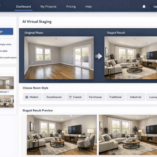 A website interface displays AI virtual staging with an original photo of an empty room and a staged result preview featuring furnished decor in a modern style.