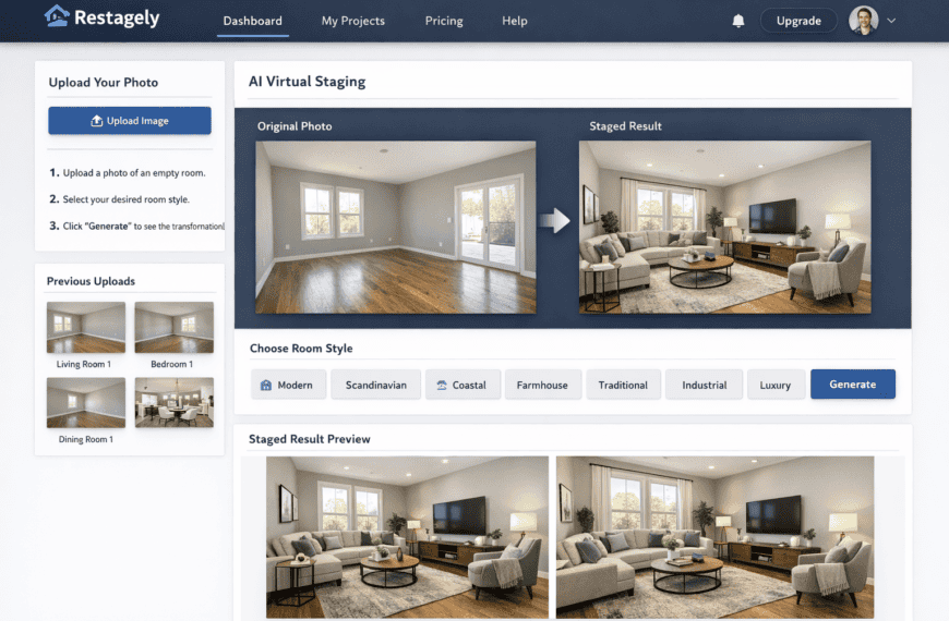 A website interface displays AI virtual staging with an original photo of an empty room and a staged result preview featuring furnished decor in a modern style.