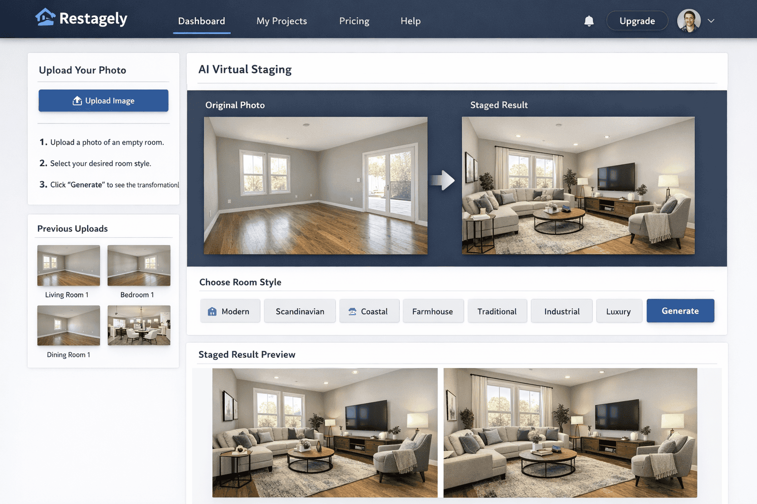 A website interface displays AI virtual staging with an original photo of an empty room and a staged result preview featuring furnished decor in a modern style.