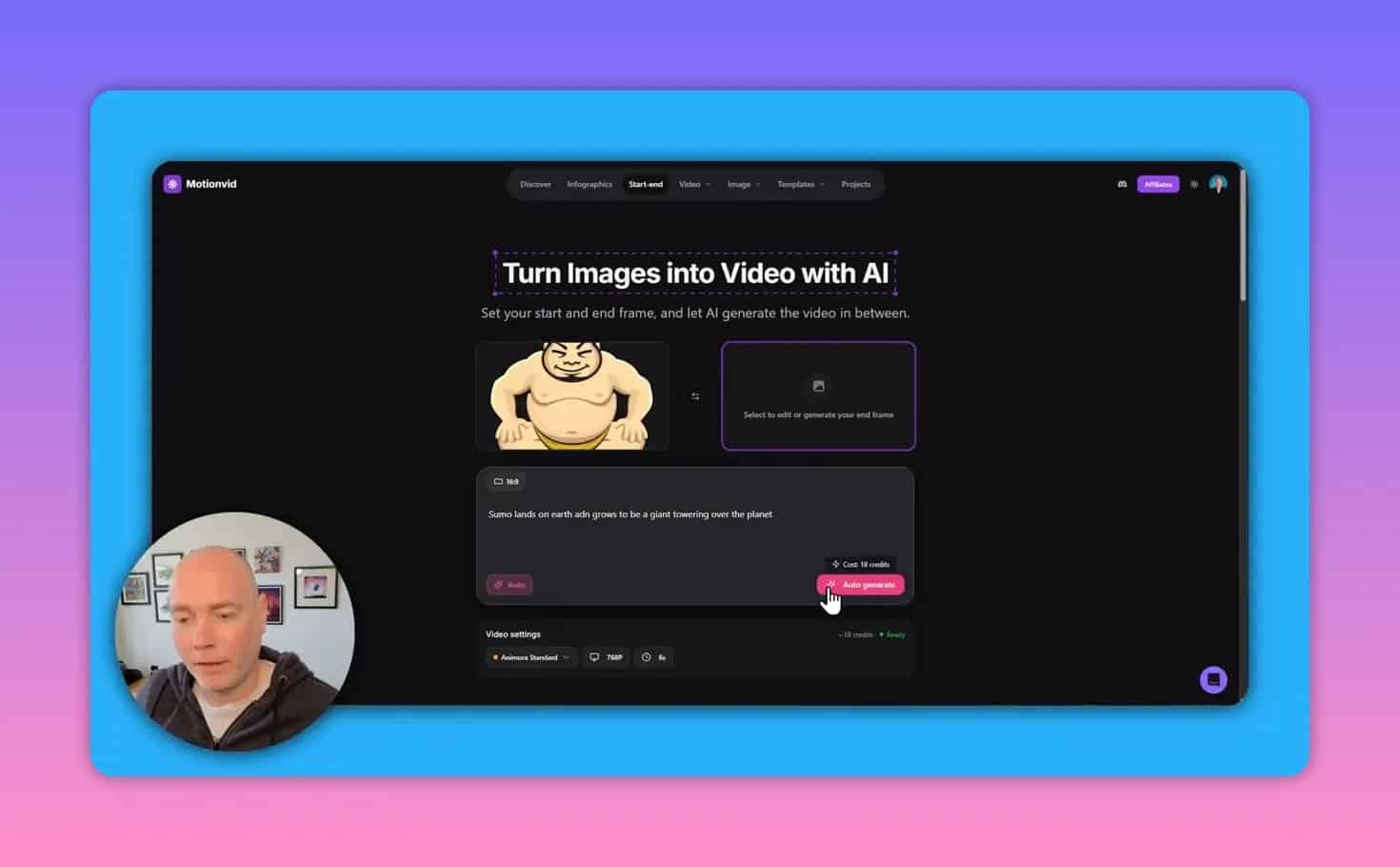 MotionVid image-to-video workflow showing start and end frame controls and video generation settings