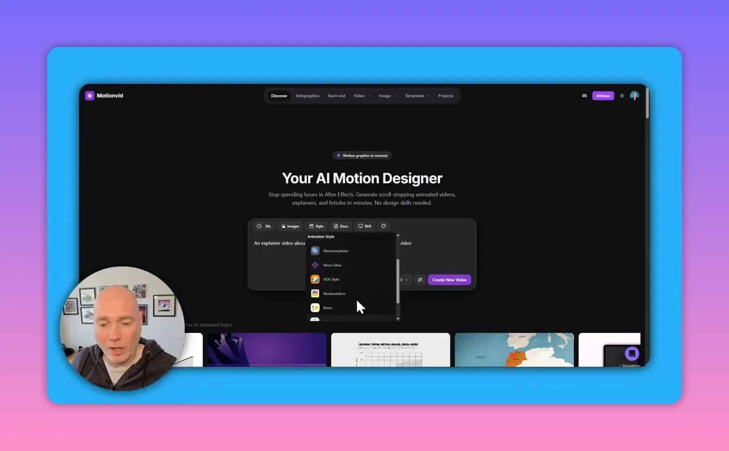 MotionVid prompt-to-video editor with animation style menu open over the generation workspace