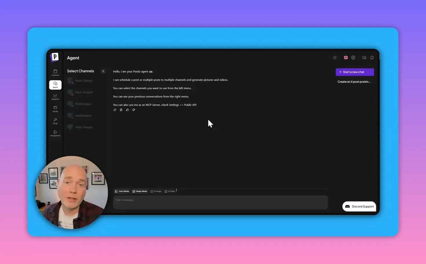 Postiz AI agent chat interface explaining channel scheduling and MCP server support