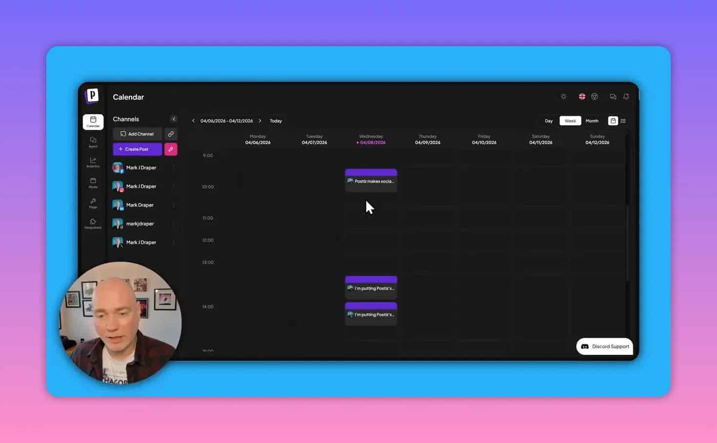 Postiz calendar with a weekly day view and scheduled posts