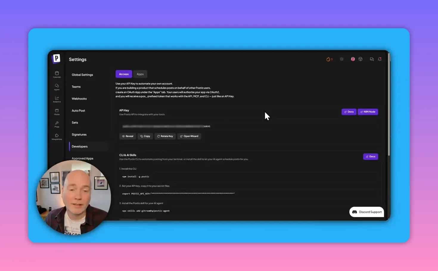 Postiz Developers settings showing API Key and CLI & AI skills instructions