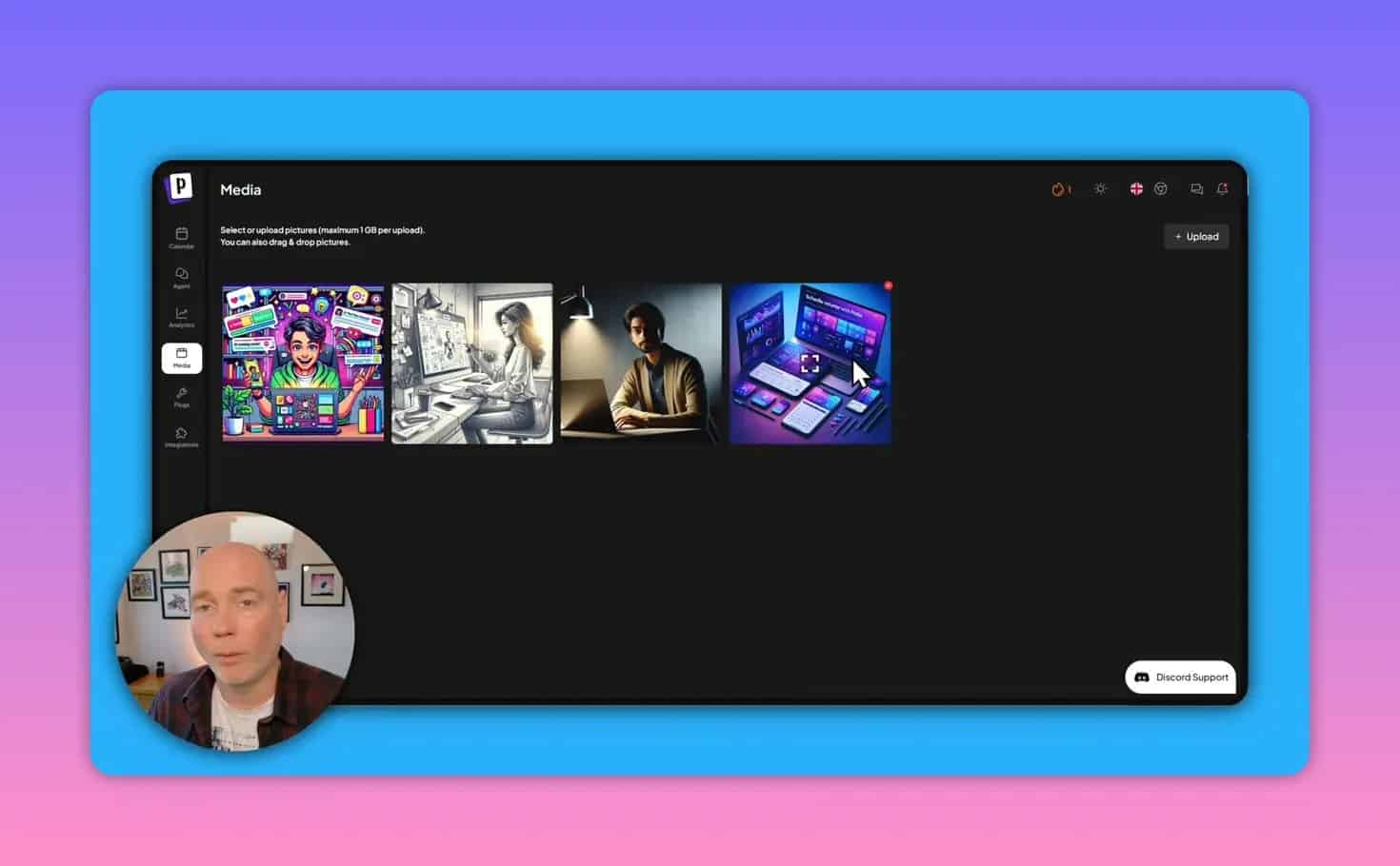 Postiz AI media library screen showing uploaded and generated images
