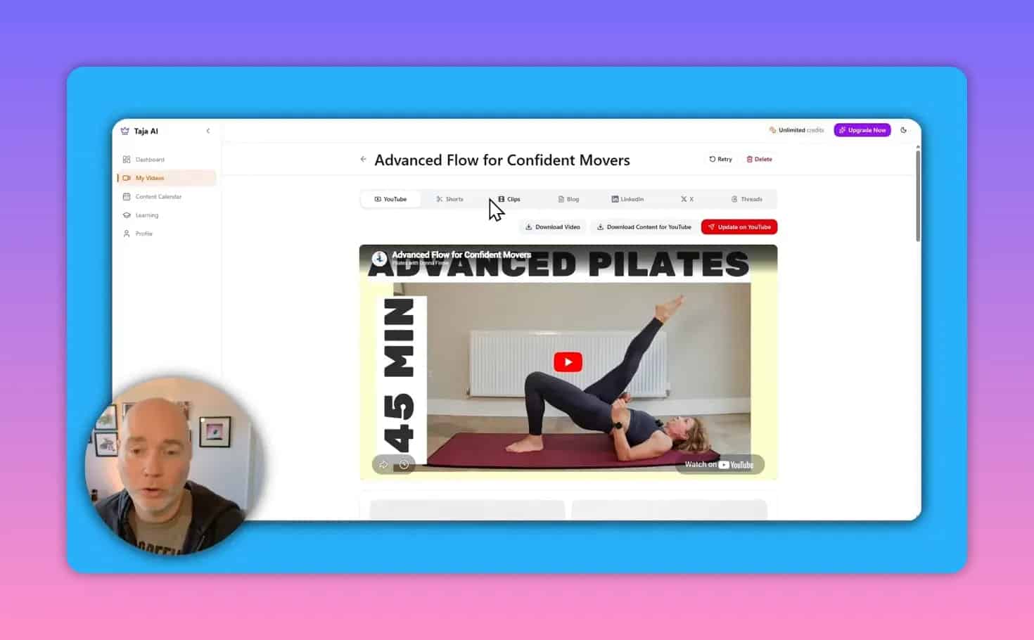 Taja AI advanced flow screen showing loaded video and repurposing format tabs